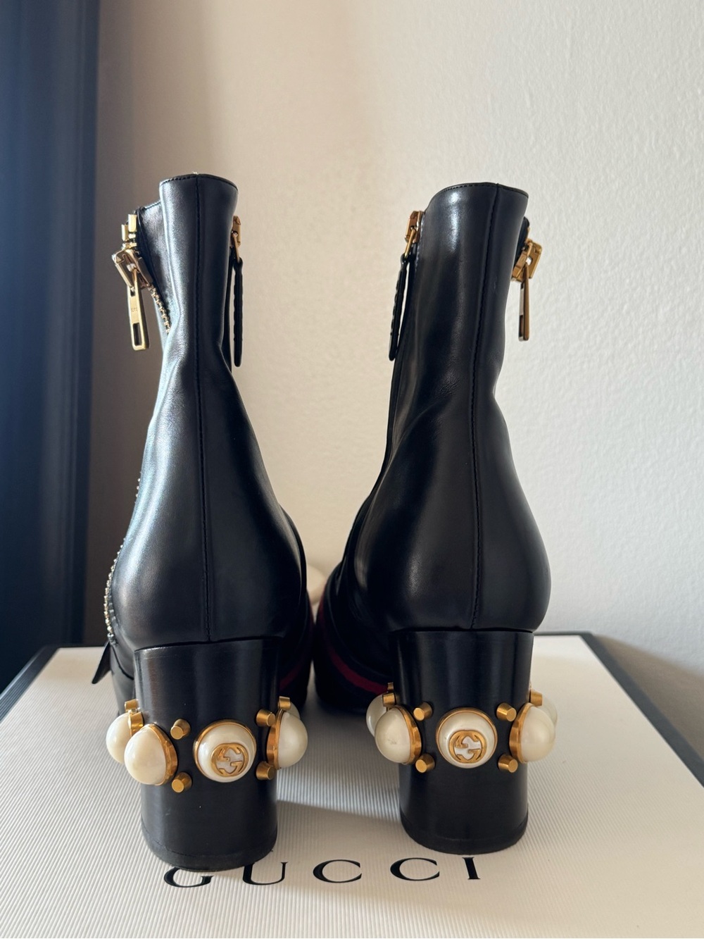 Gucci Black Leather Ankle Boots with Gold GG and Pearl Heel Accents - Picture 8 of 14